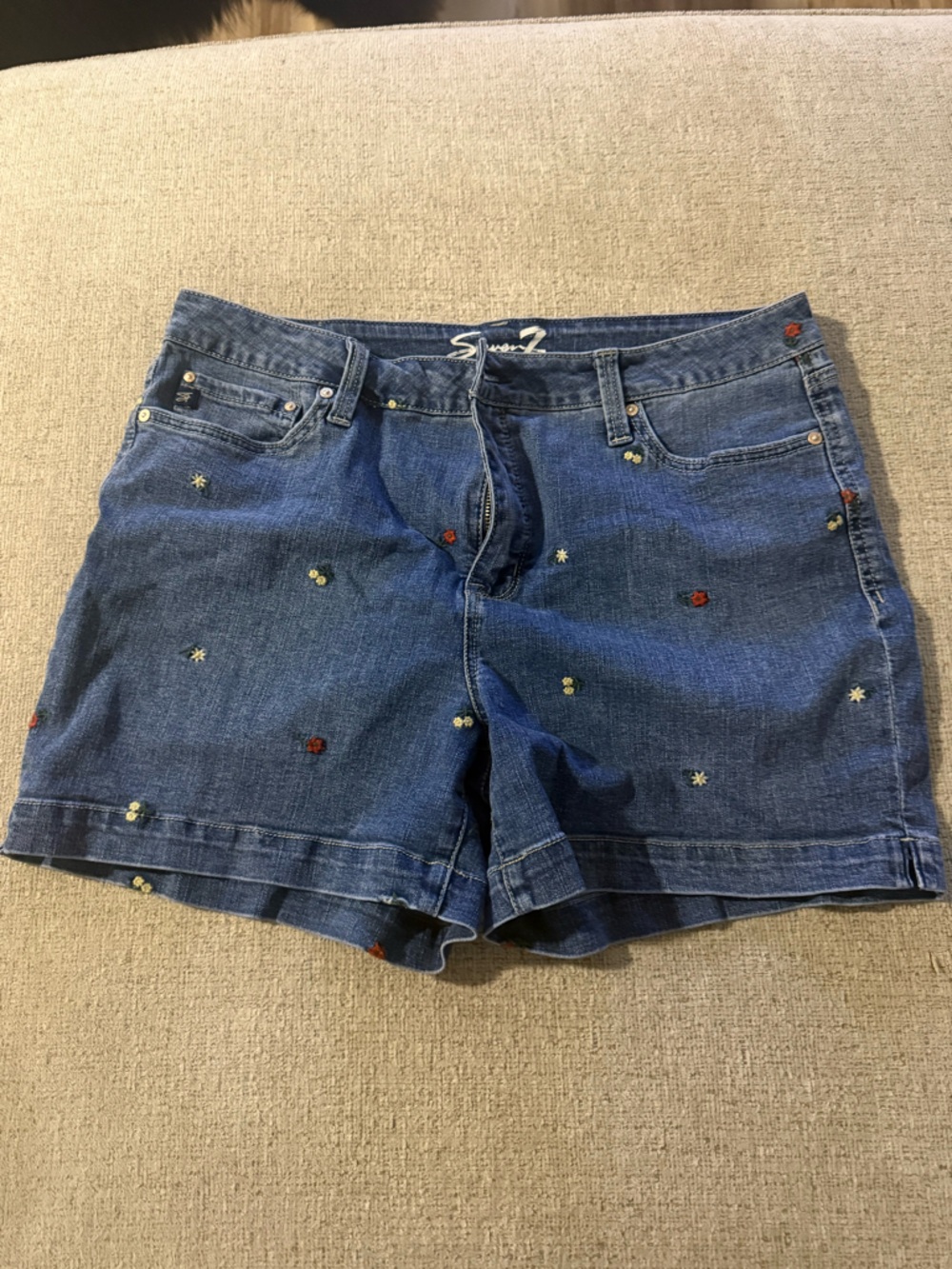 Seven7 Blue Denim Shorts with Embroidered Flowers